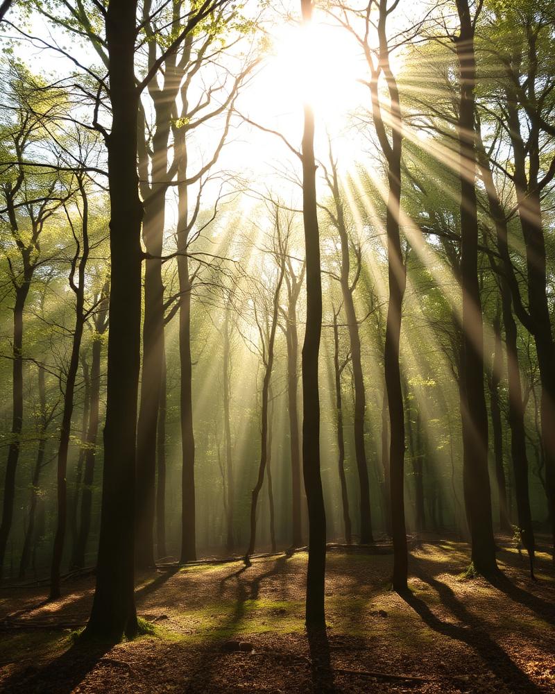 Sonnenstrahlen in einem stillen Wald